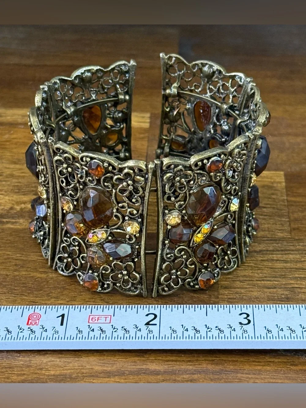 **Antique Brass Boho Filigree Cuff with Amber/Topaz/Citrine crystals Butterfly